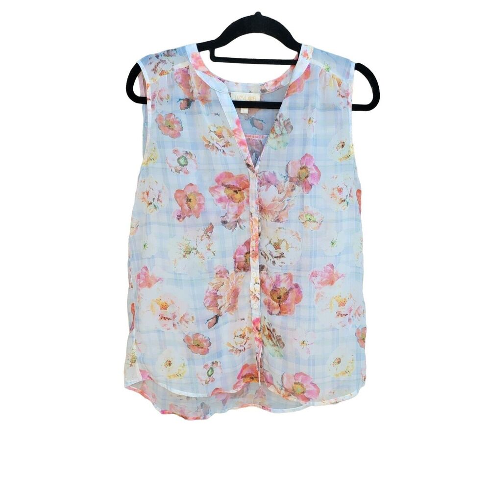 Lucy & Laurel Blouse Large Womens Button Front Sleeveless Floral Multicolor Shee